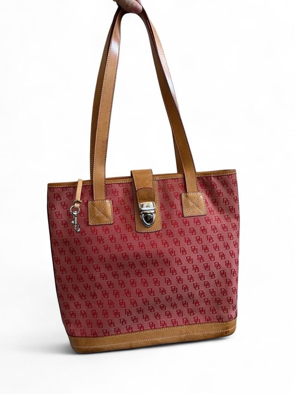 Dooney & Bourke Red Monogram Tote with Tan Leather Trim